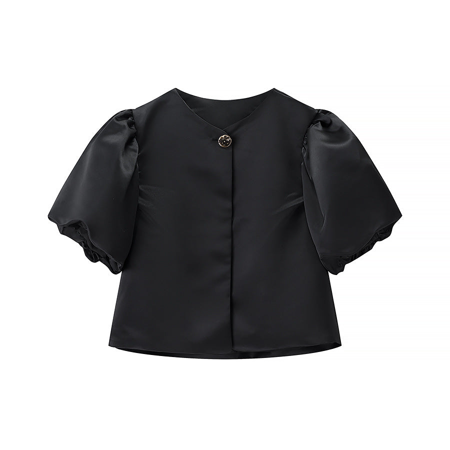 Viola | Elegant Satin Blouse Black Puff Sleeve Short Sleeve