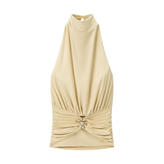 Jules | Elegant Halter Neck Top Cream Ruched High Neck Sleeveless