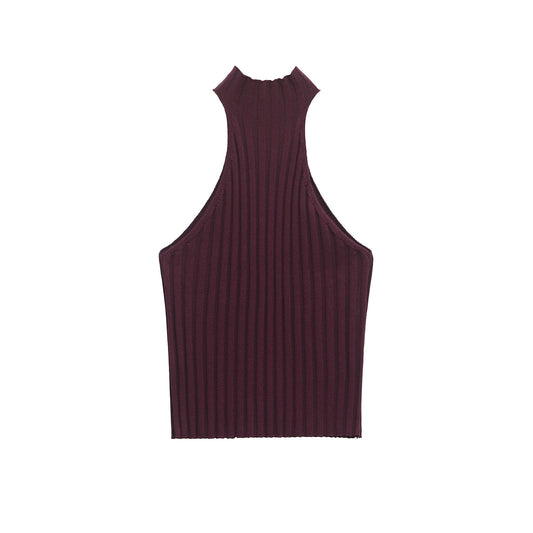 Cassia | Halter Neck Top Purple Knitted Ribbed Sleeveless Crop