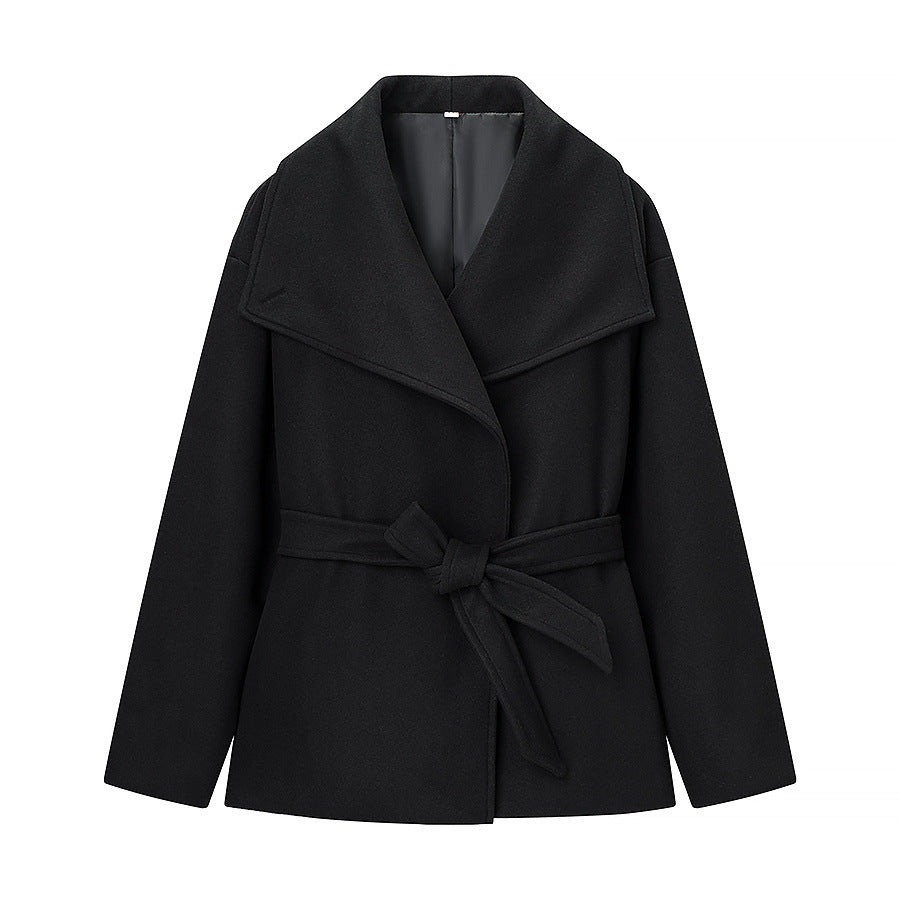 Demi | Elegant Black Belted Jacket Coat Wrap Collar Long Sleeve