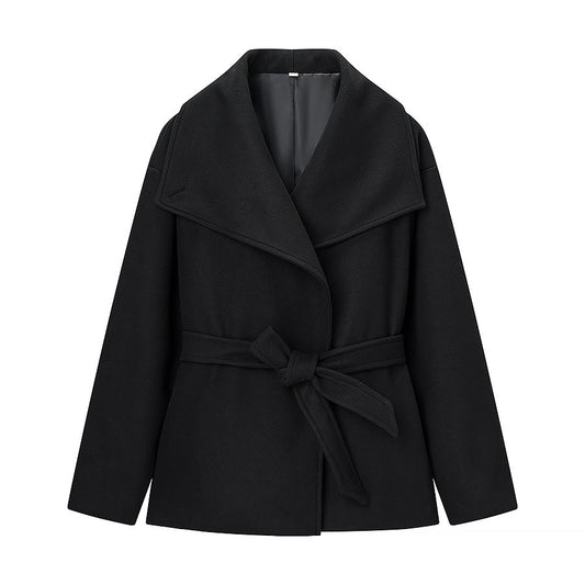 Demi | Elegant Black Belted Jacket Coat Wrap Collar Long Sleeve