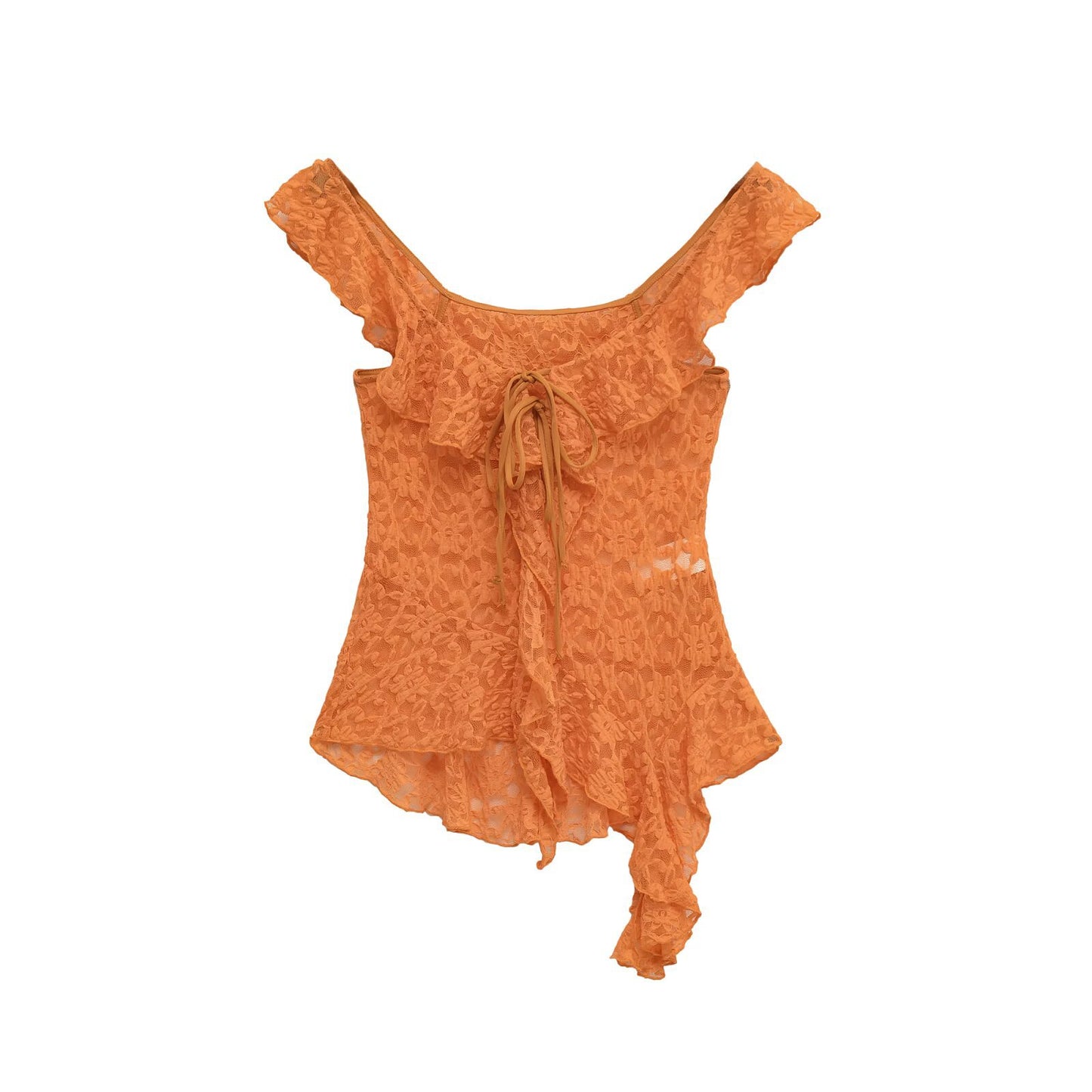 Etta | Square Neck Lace Top White Ruffle Tie Front Sheer