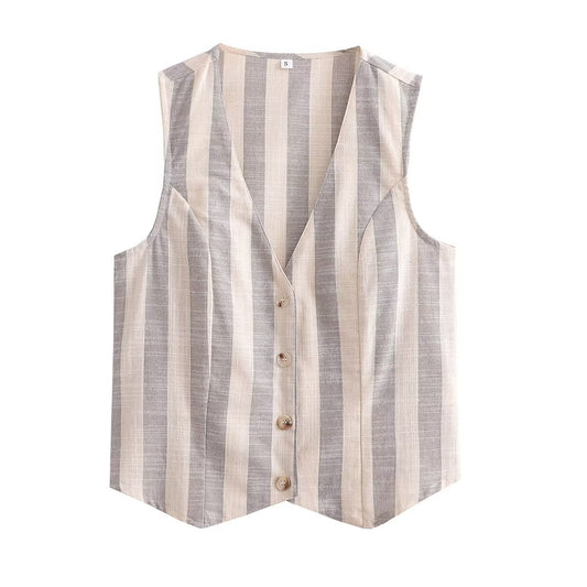 Leah | Striped Linen Vest Cream Button Front V Neck Sleeveless