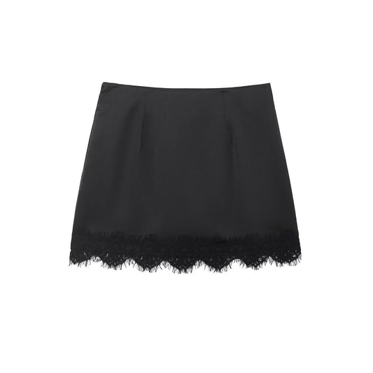 Luna | Satin Mini Skirt Black Lace Trim