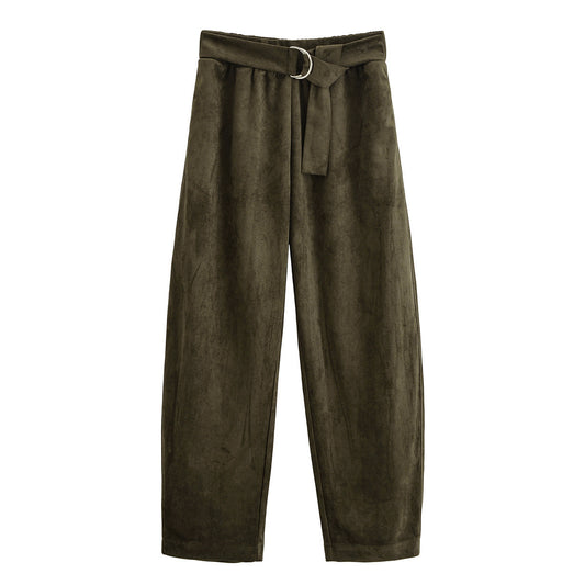Thea | Wide Leg Linen Pants Olive High Waisted Belted
