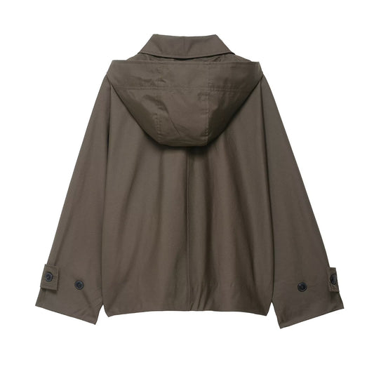 Bea | Casual Cropped Hooded Button Up Jacket Khaki Oversized