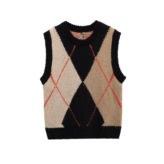 Margot | Argyle Sweater Vest Cream Black Red Trim Crew Neck