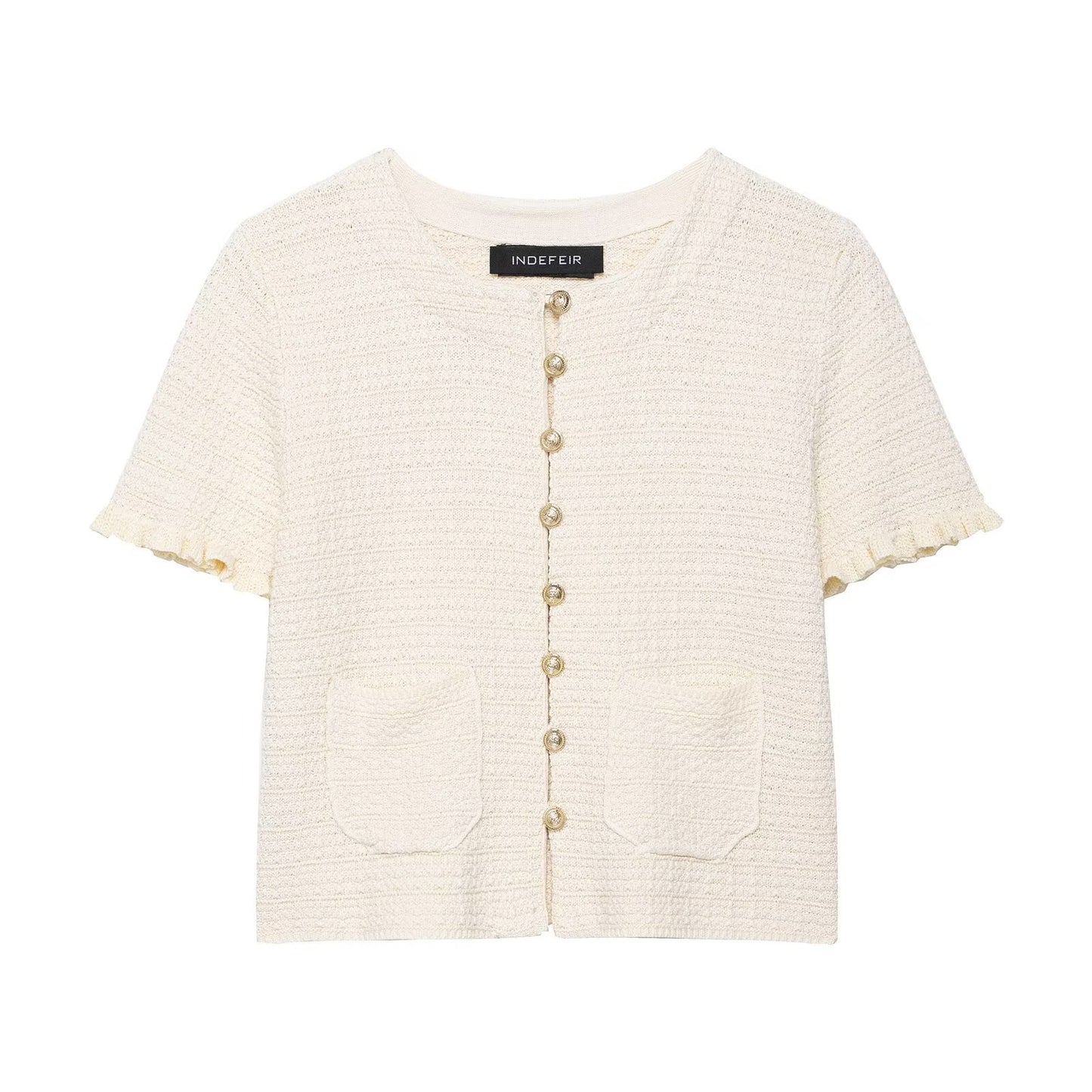Fleur | Cream Knitted Top Short Sleeve Button Front Textured Cropped