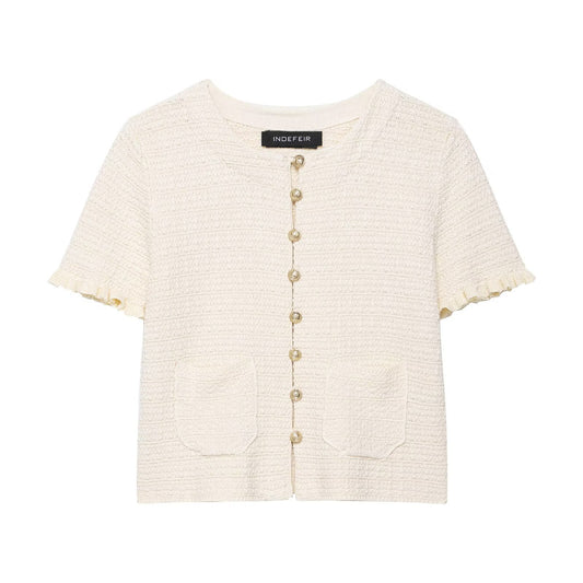 Thea | Textured Short Sleeve Button Front Top Cream Cropped