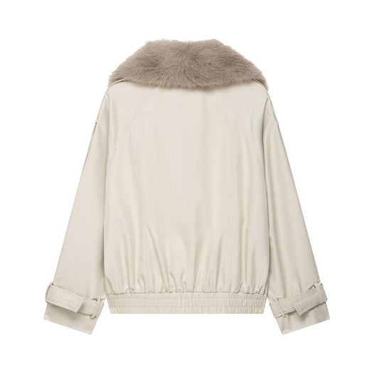 Neve | Double Breasted Trench Coat Cream Faux Fur Collar