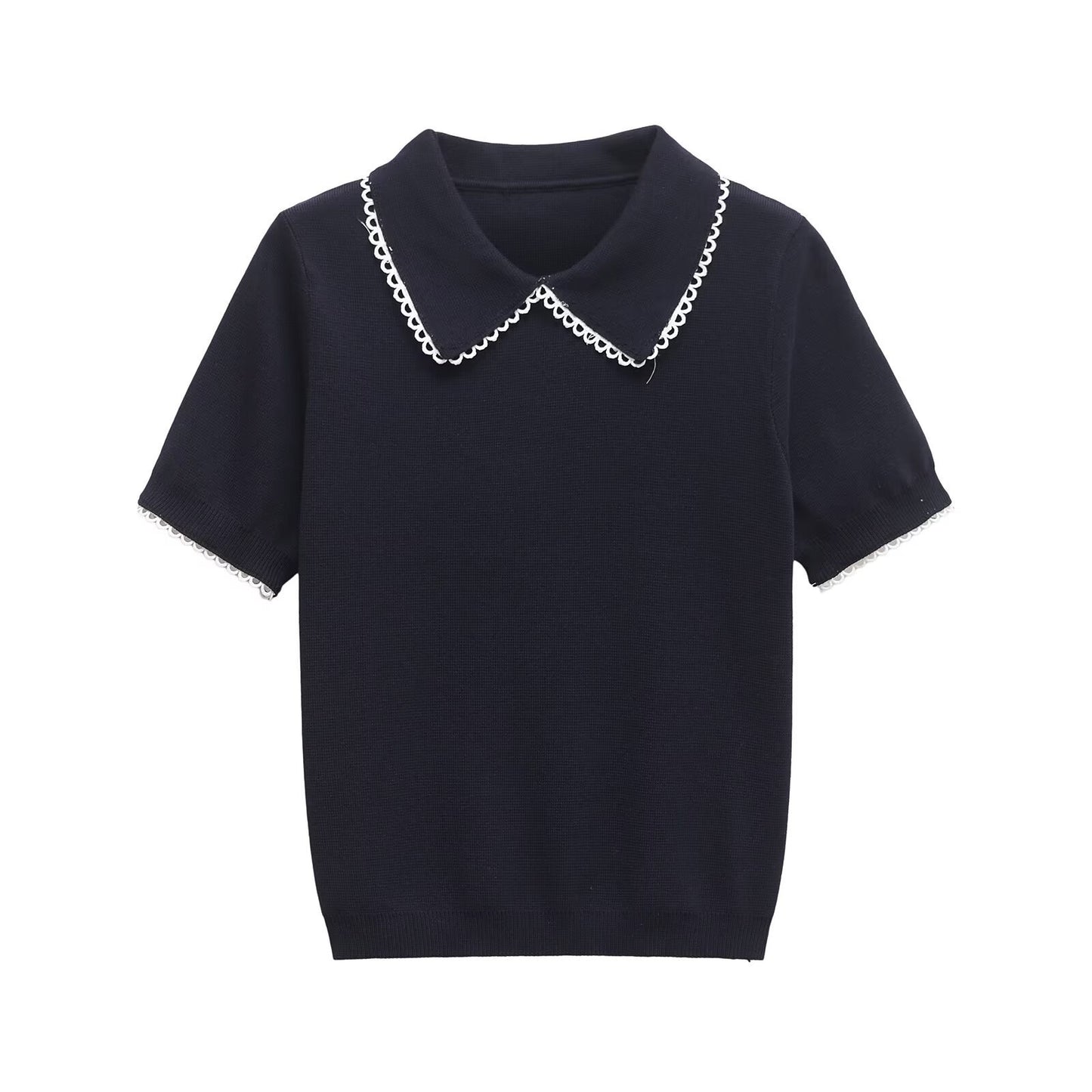 Vera | Ribbed Short Sleeve Polo Black Scallop Collar