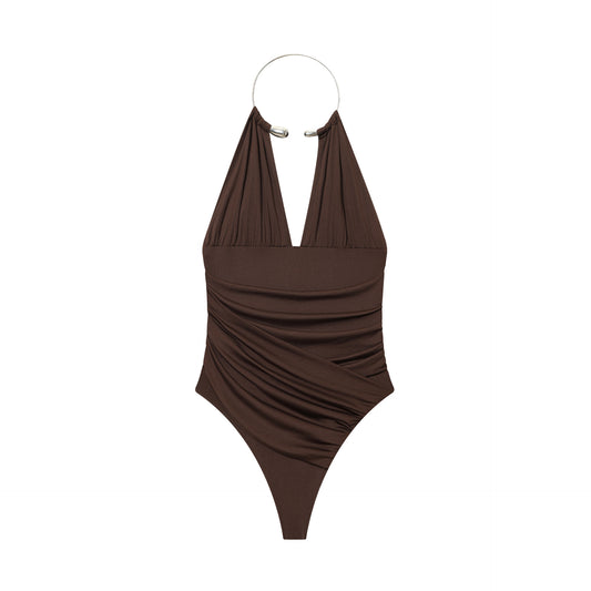 Ivy | Elegant Halter Neck Ruched Bodysuit Black