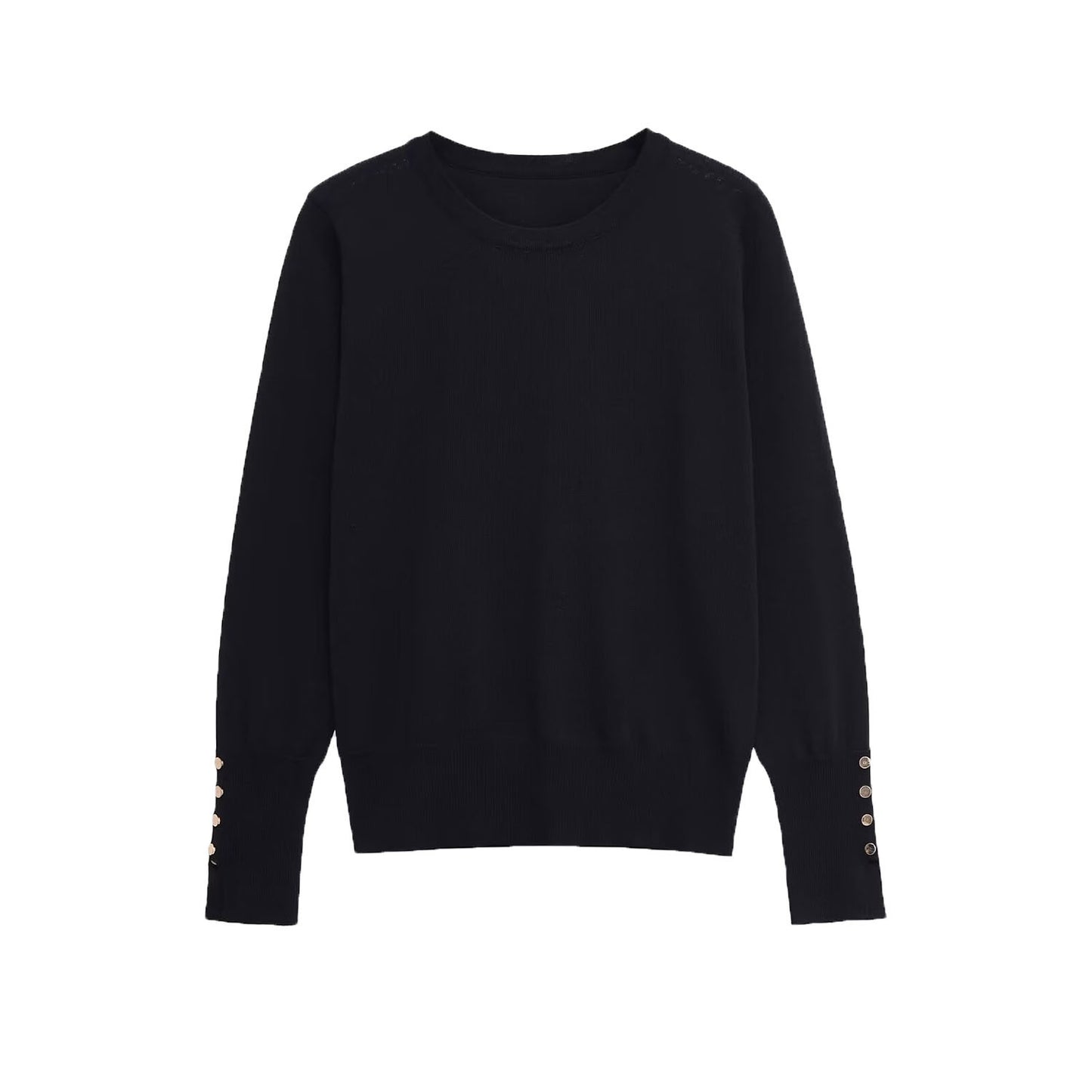 Margot | Ribbed Crew Neck Sweater Black Button Cuff Long Sleeve