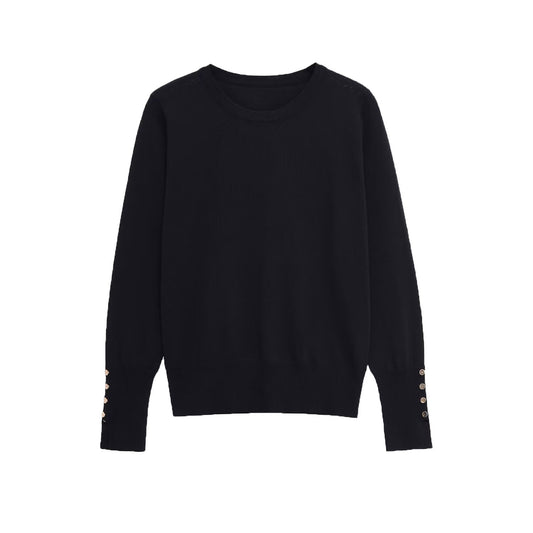 Margot | Ribbed Crew Neck Sweater Black Button Cuff Long Sleeve