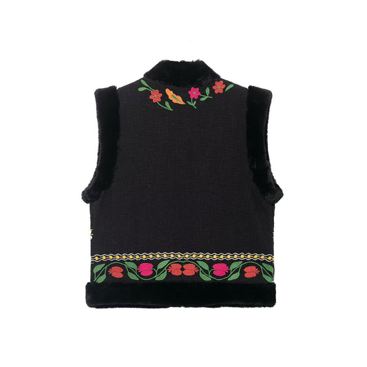 Margot | Embroidered Faux Fur Cardigan Black Floral Sleeveless