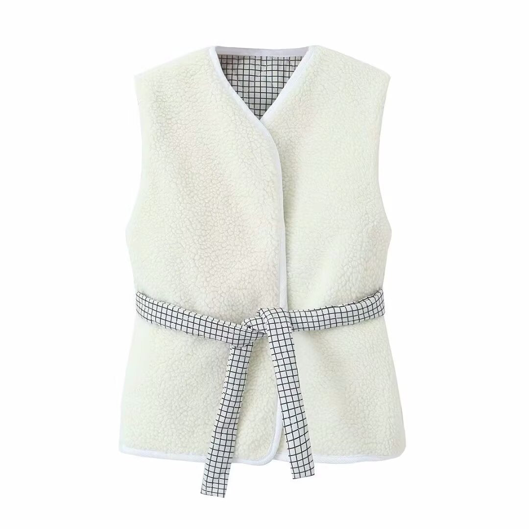 Margot | Plaid Sleeveless Button Down Vest Top White Tie Front