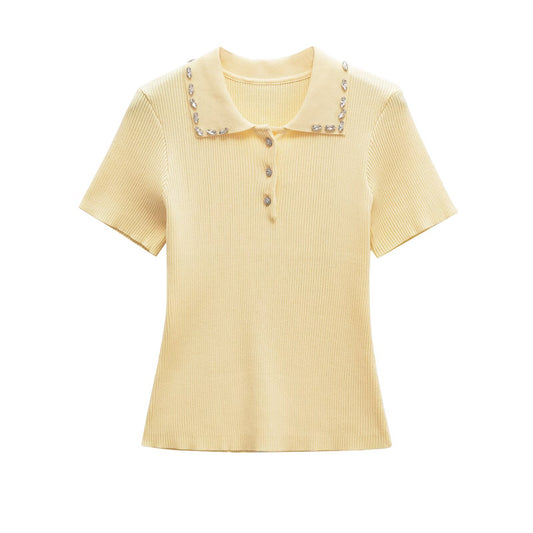 Olivia | Elegant Ribbed Knit Rhinestone Collar Polo Top