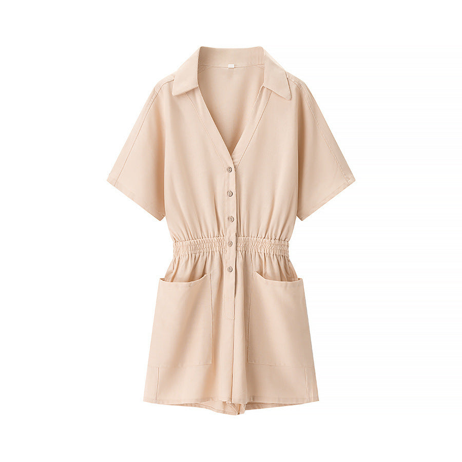 Thea | Casual Button Down Romper Cream Short Sleeve
