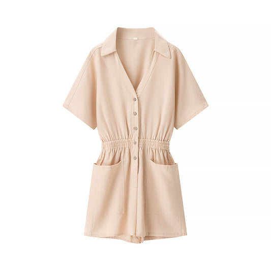 Liv | Casual Shirt Romper Cream Short Sleeve Elastic Waist