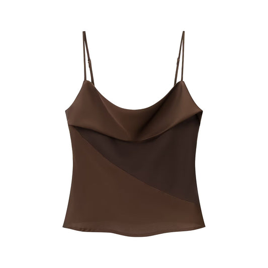 Viola | Elegant Satin Cowl Neck Cami Top Brown Going Out