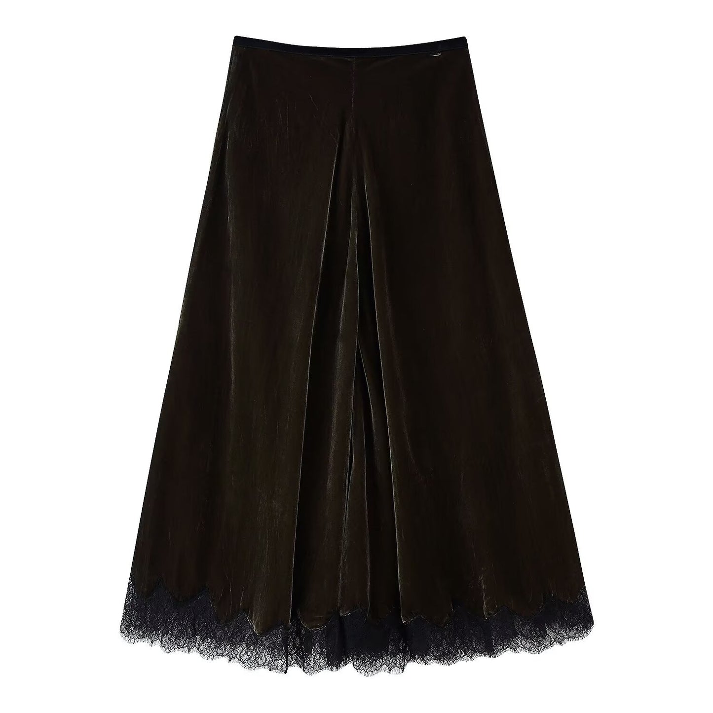 Vera | Velvet Maxi Skirt Olive Green Lace Trim A Line
