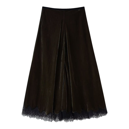 Vera | Velvet Maxi Skirt Olive Green Lace Trim A Line