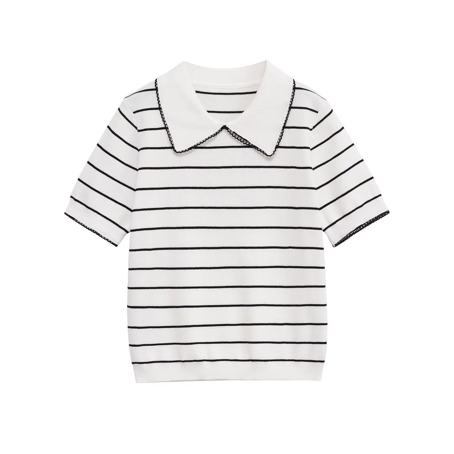 Vera | Ribbed Short Sleeve Polo Black Scallop Collar