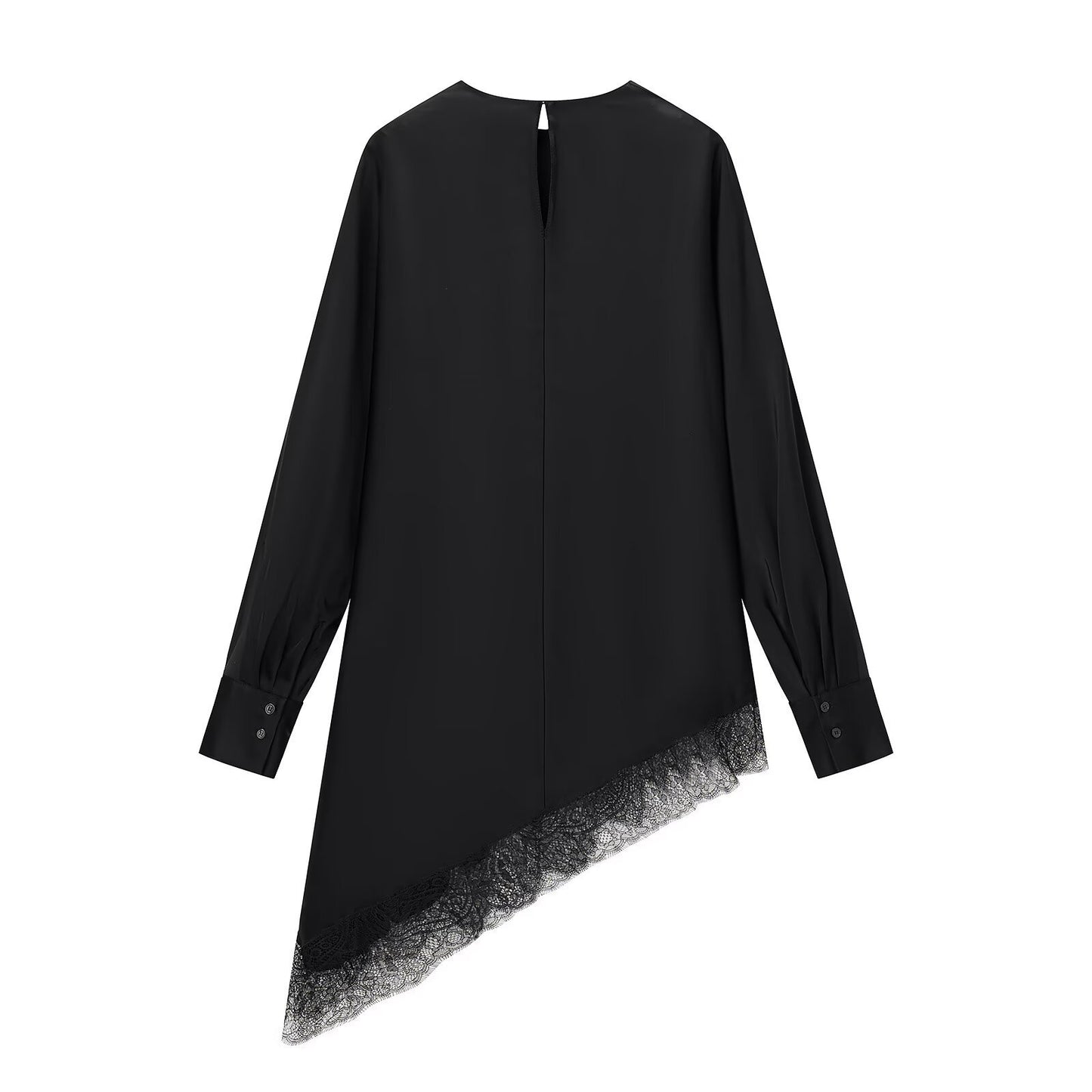 Mia | Elegant Asymmetric Blouse Black Long Sleeve Lace Trim