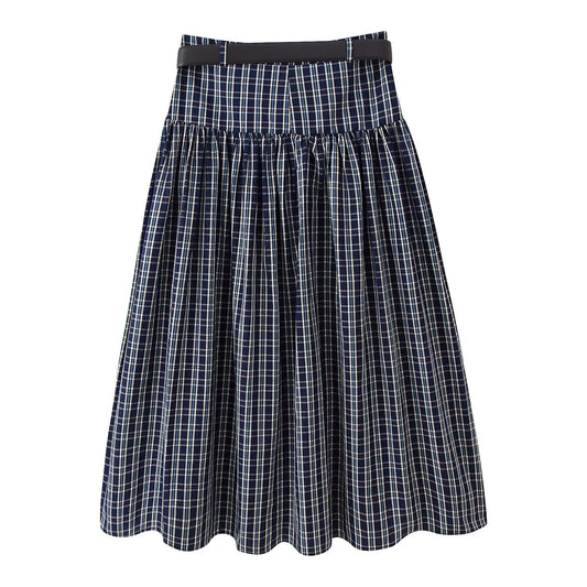 Zuri | Check Midi Skirt Navy Blue Pleated High Waisted A Line