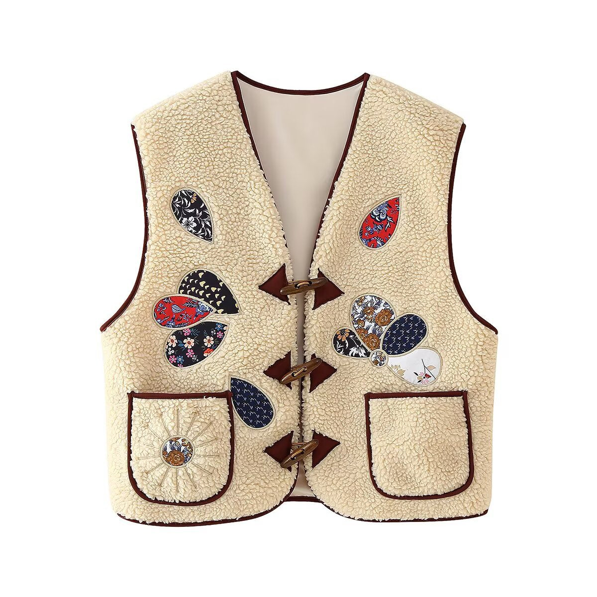 Margot | Sleeveless Cardigan Cream Embroidered Patchwork Toggle Front