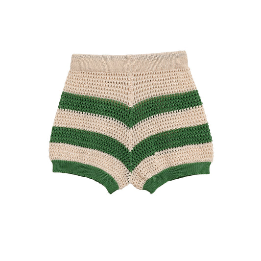 Thea | Crochet Shorts Green Cream Striped High Waisted