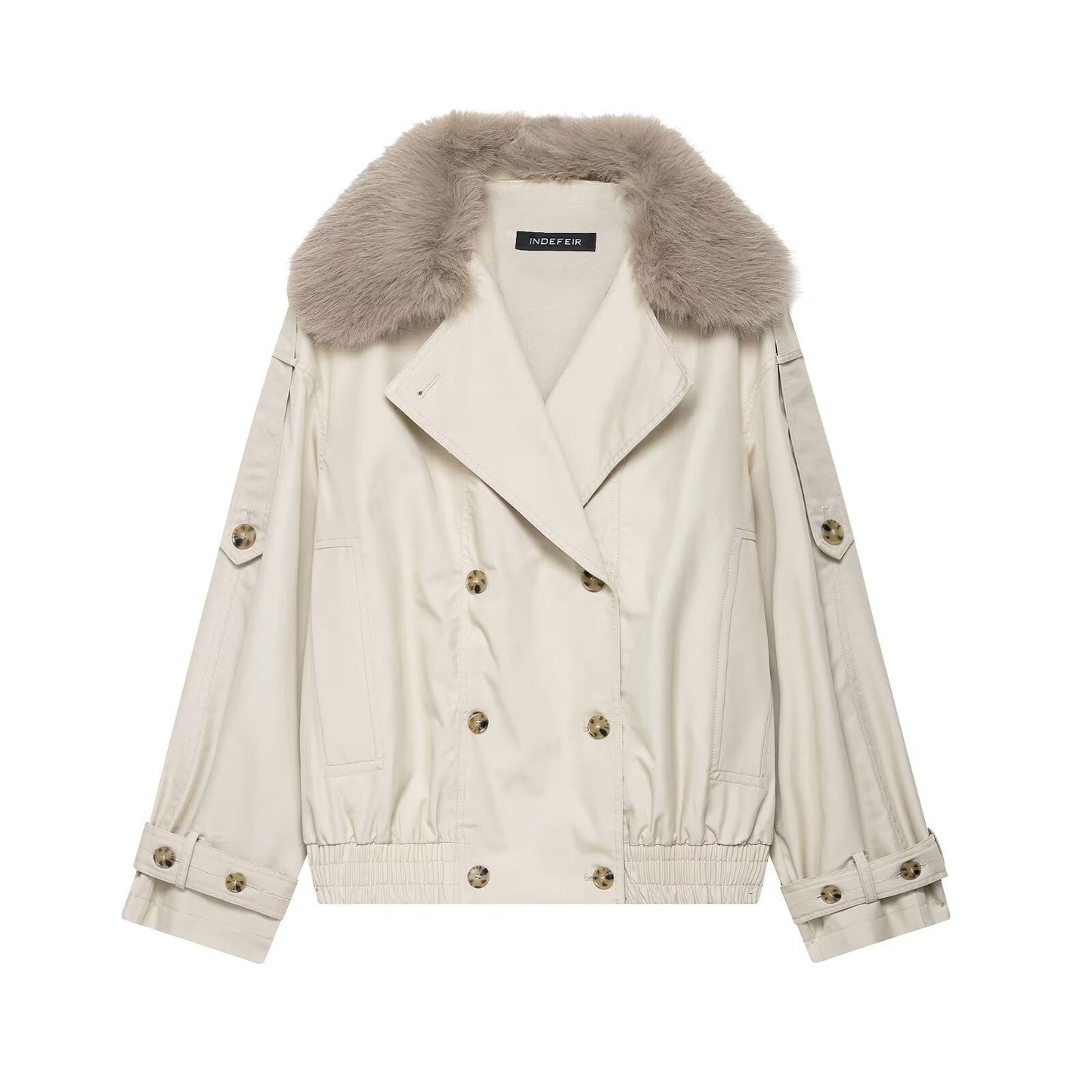 Ayla | Cream Faux Fur Collar Jacket Double Breasted Long