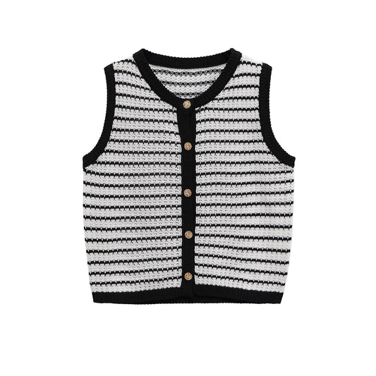Faye | Striped Knit Vest Cardigan Black White Button Front Sleeveless