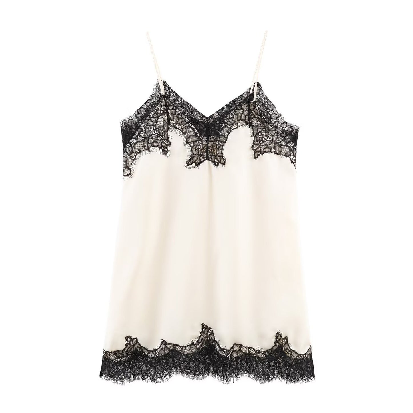Sable | Elegant Lace Cami Top Satin Black Cream Trim