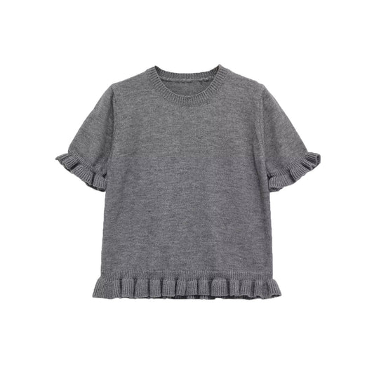 Vera | Ruffle Short Sleeve Knit Top Gray Crew Neck