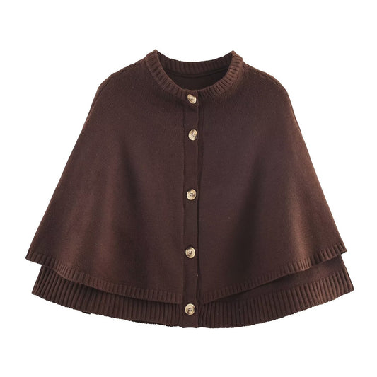 Margot | Ribbed Button Front Cardigan Brown Cape Sleeve