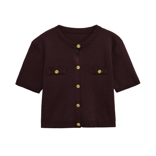 Ayla | Summer Knitted Cardigan Yellow Short Sleeve Cropped Gold Button