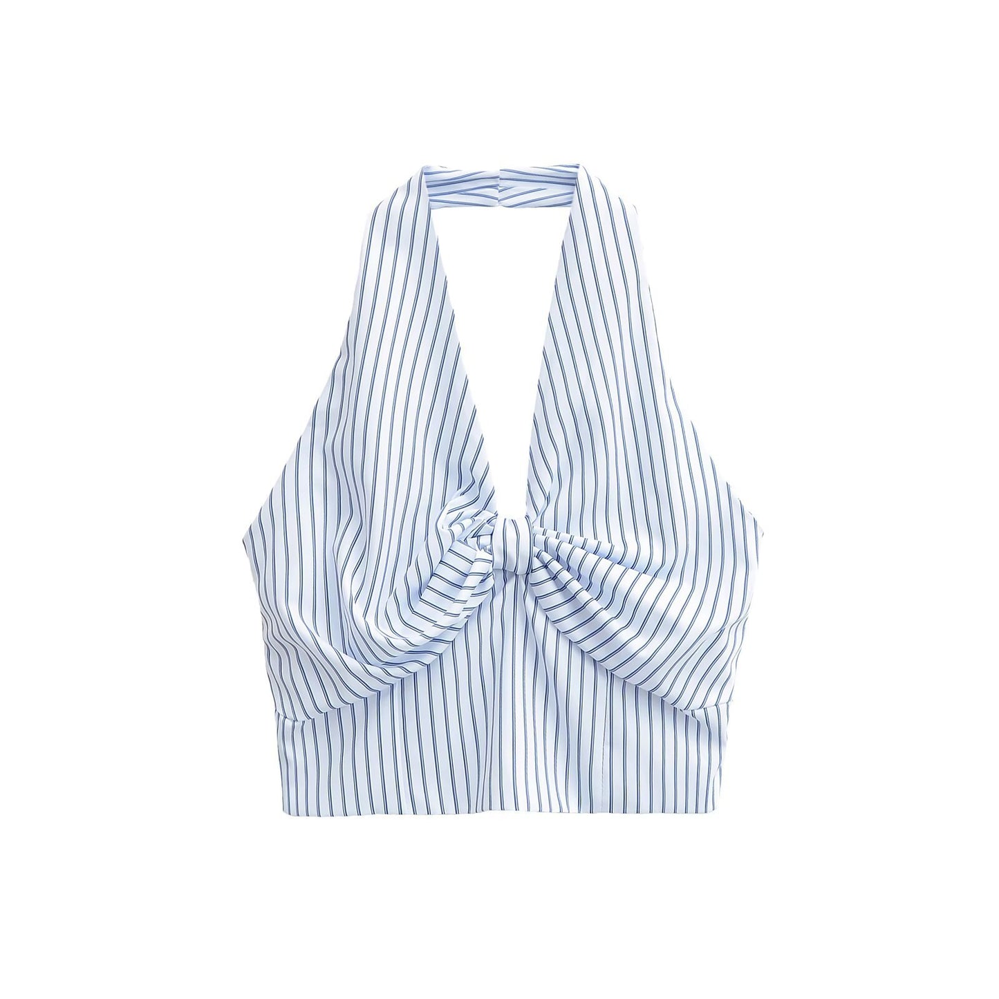 Elise | Summer Halter Neck Top Blue White Striped Tie Front