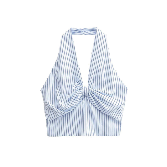 Elise | Summer Halter Neck Top Blue White Striped Tie Front
