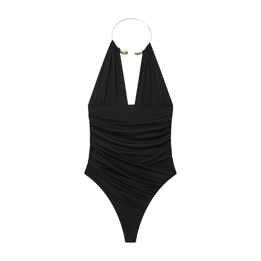 Ivy | Elegant Halter Neck Ruched Bodysuit Black