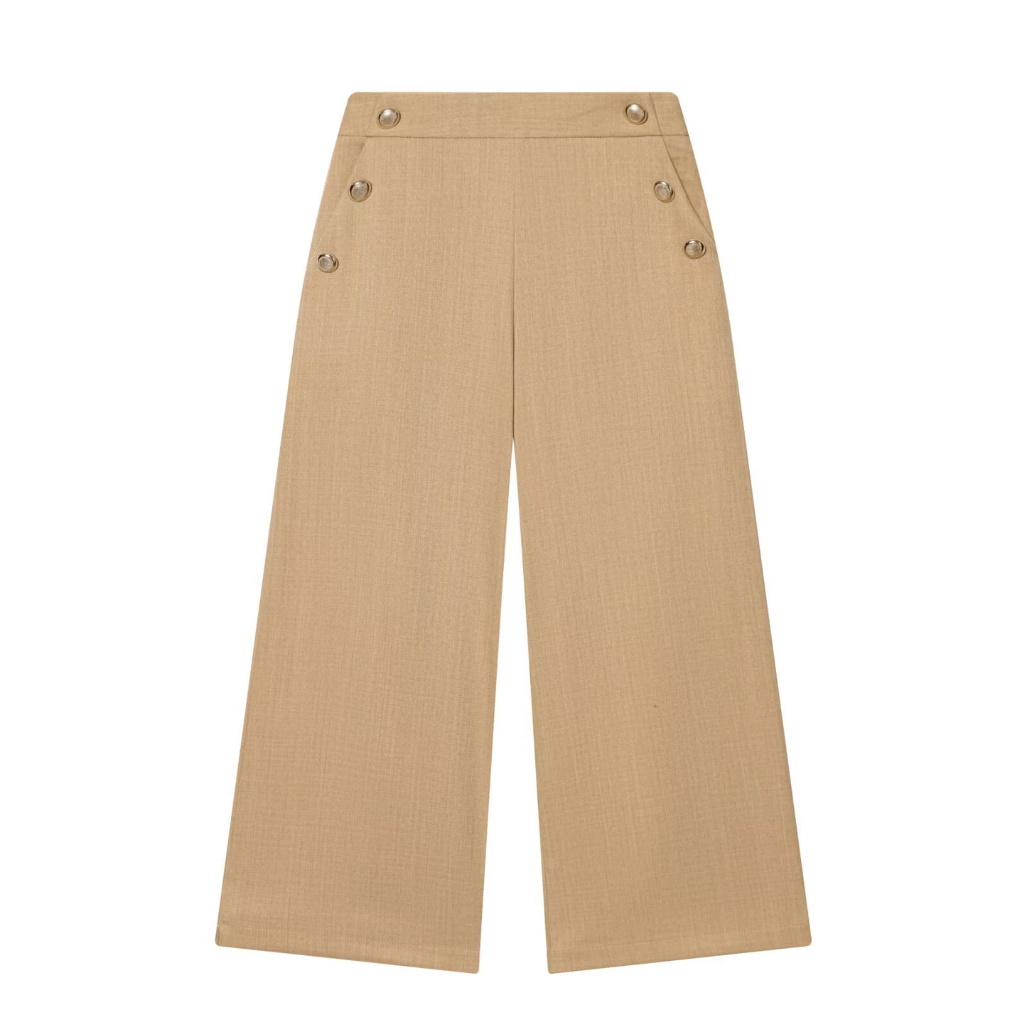 Maren | High Waisted Wide Leg Pants Beige Button Pocket