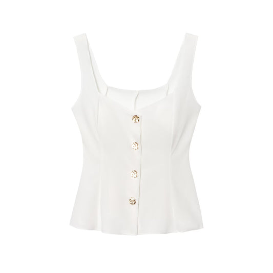 Cleo | Elegant Peplum Top White Sleeveless Square Neck Button Front