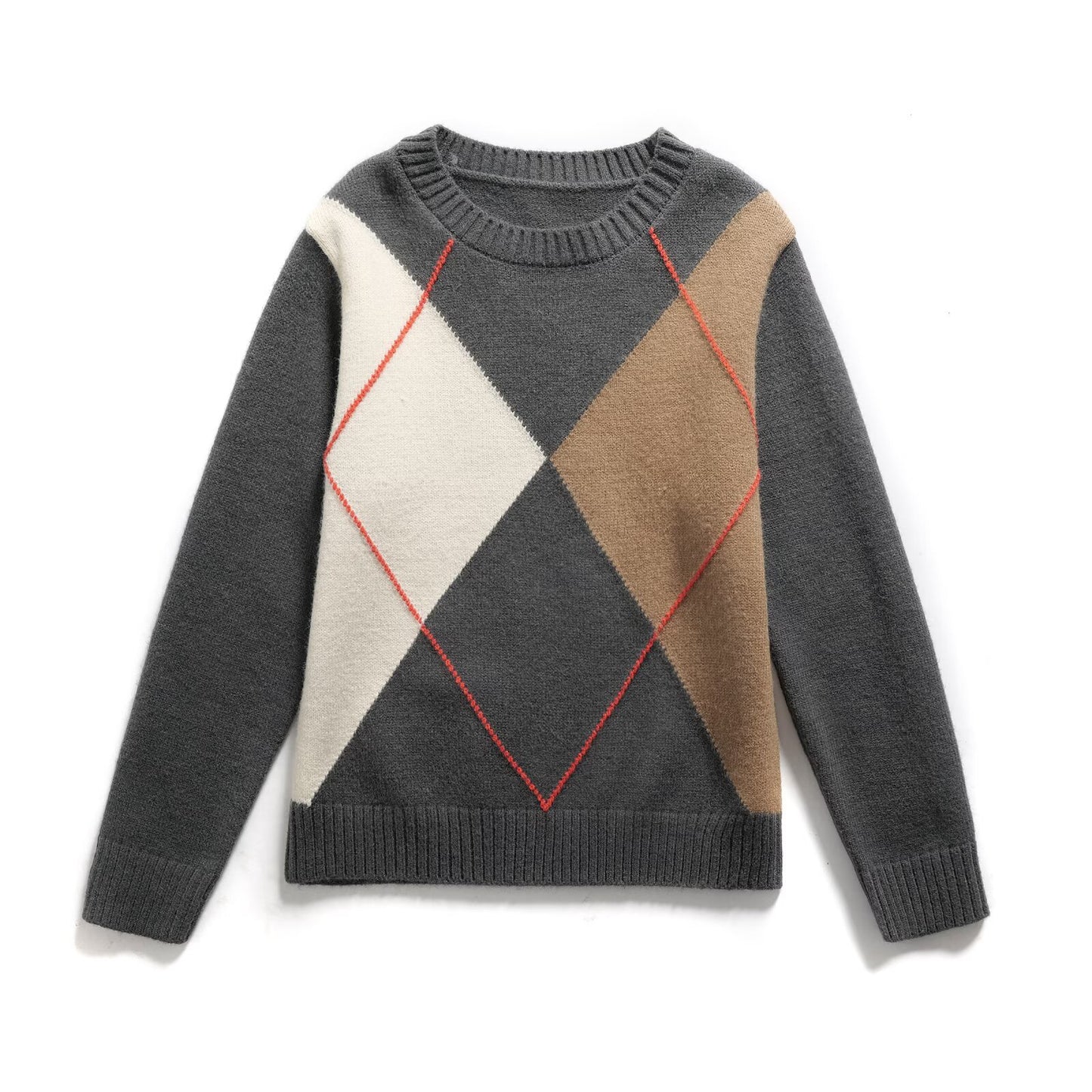 Camille | Argyle Knitted Sweater Grey Cream Beige