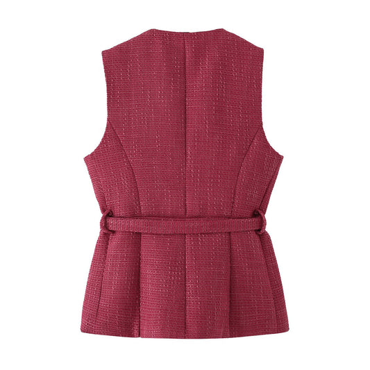 Vera | Sleeveless Tweed Peplum Cardigan Burgundy Belted