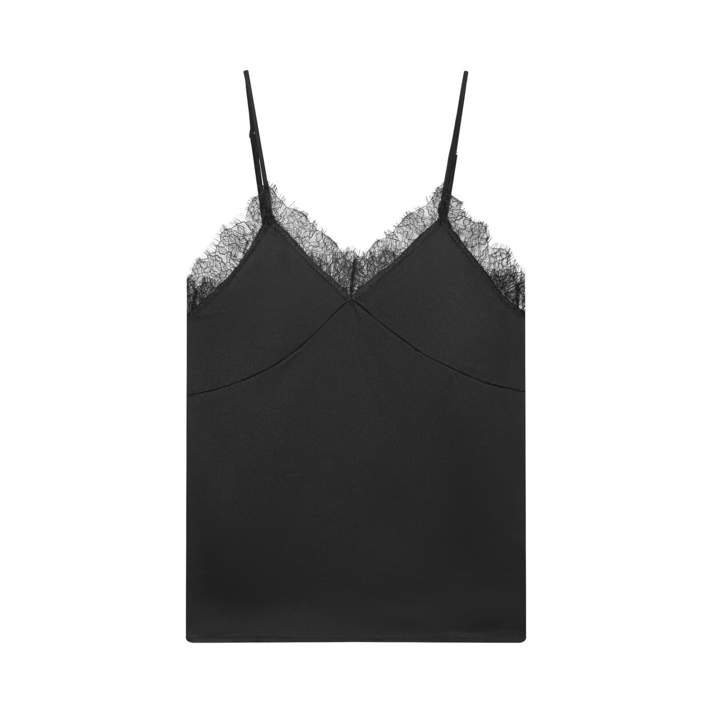 Mila | Elegant Cami Top Brown Satin Lace Trim V Neck