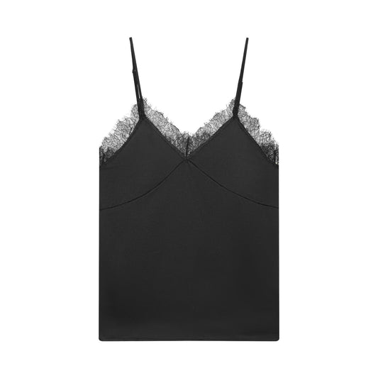 Mila | Elegant Cami Top Brown Satin Lace Trim V Neck