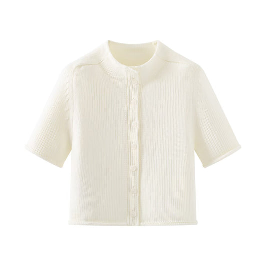 Lena | Cropped Ribbed Button Up Shirt White Short Sleeve