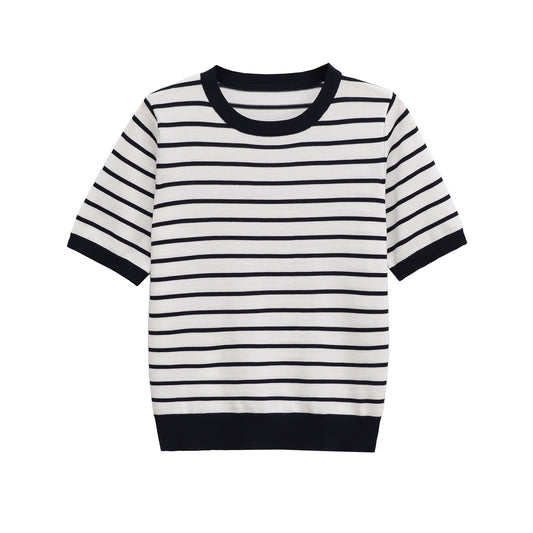 Margot | Striped Crew Neck T Shirt Cream Black Short Sleeve
