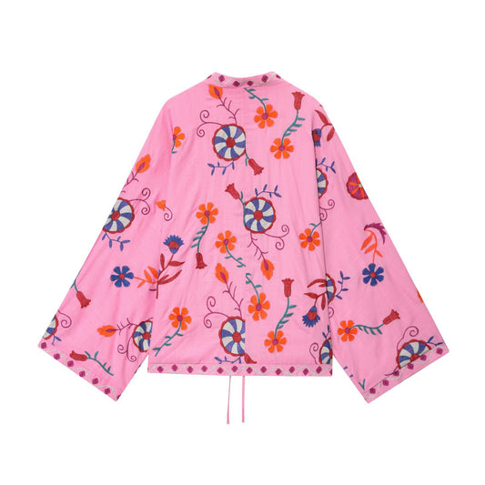 Xena | Pink Embroidered Kimono Jacket Satin Long Sleeve Printed Oversized