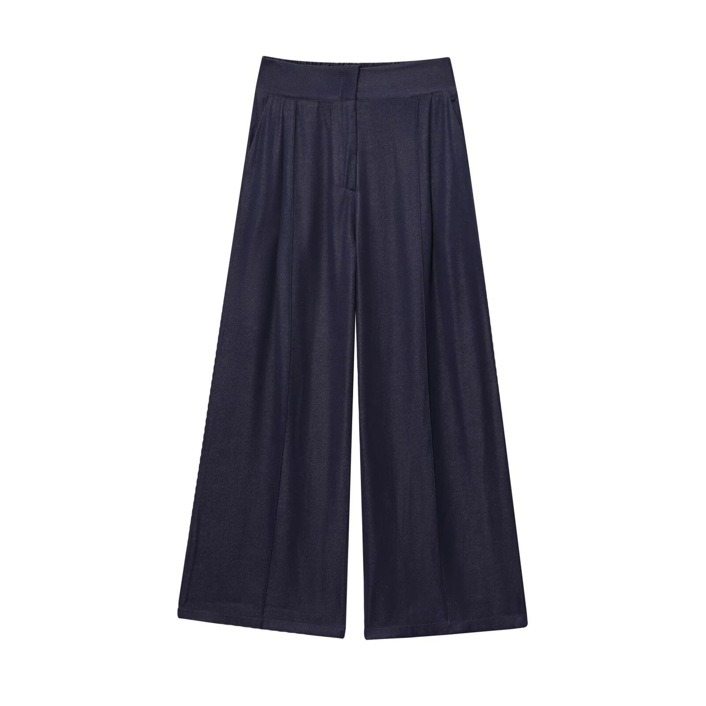 Camille | Casual Wide Leg Trousers Navy Linen High Waisted